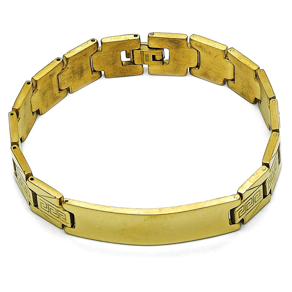 Stainless Steel Solid Bracelet, Greek Key Design, Polished, Golden Finish