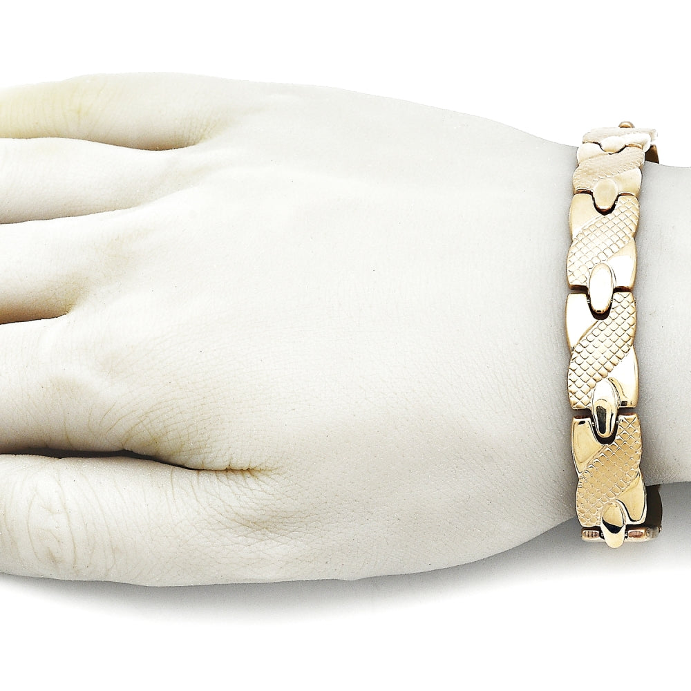 Oro Laminado Solid Bracelet, Gold Filled Style Hugs and Kisses Design, Polished, Golden Finish