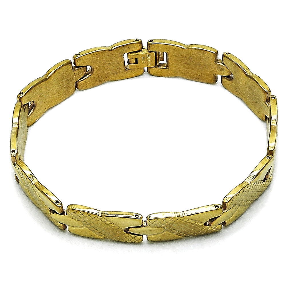 Oro Laminado Solid Bracelet, Gold Filled Style Hugs and Kisses Design, Polished, Golden Finish
