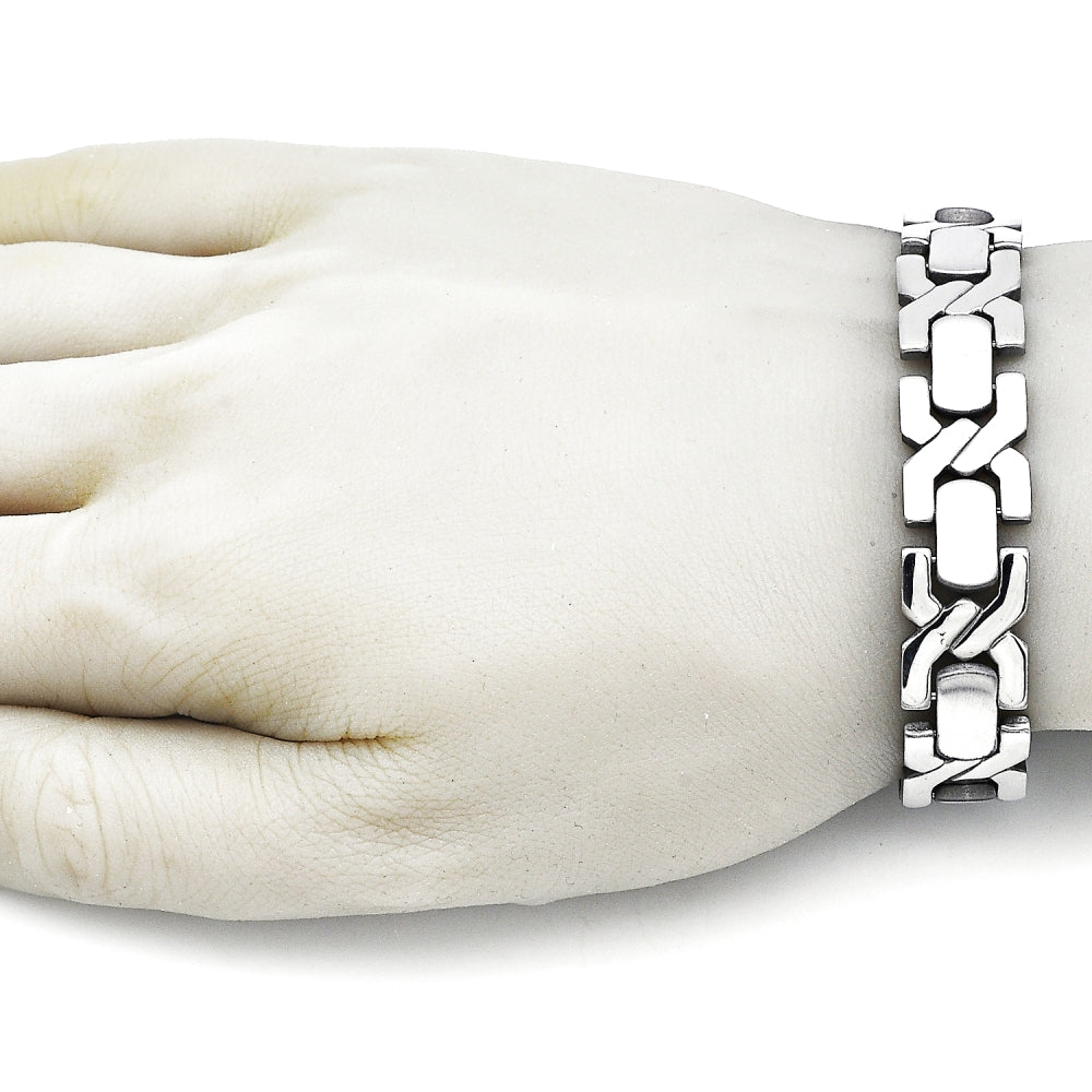 Stainless Steel Solid Bracelet, Hugs and Kisses Design, Polished, Steel Finish