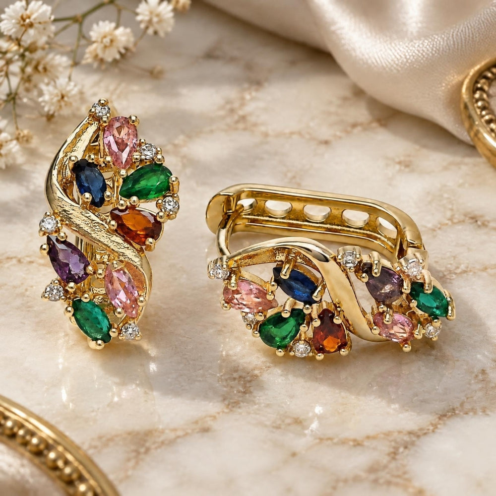 Oro Laminado Huggie Hoop, Gold Filled Style Cluster Design, with Multicolor Cubic Zirconia, Polished, Golden Finish