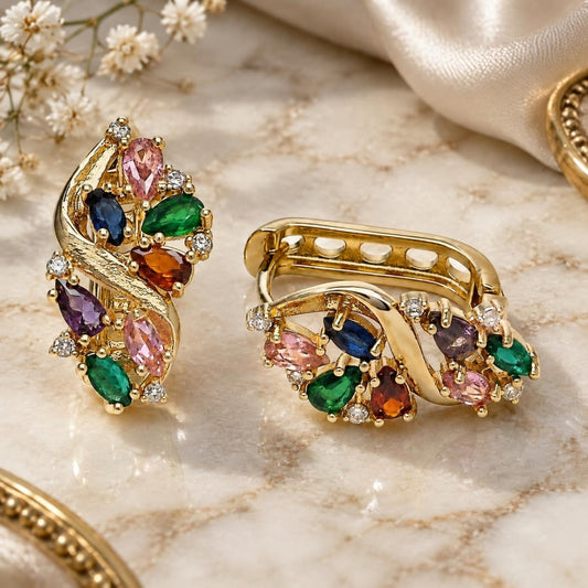 Oro Laminado Huggie Hoop, Gold Filled Style Cluster Design, with Multicolor Cubic Zirconia, Polished, Golden Finish