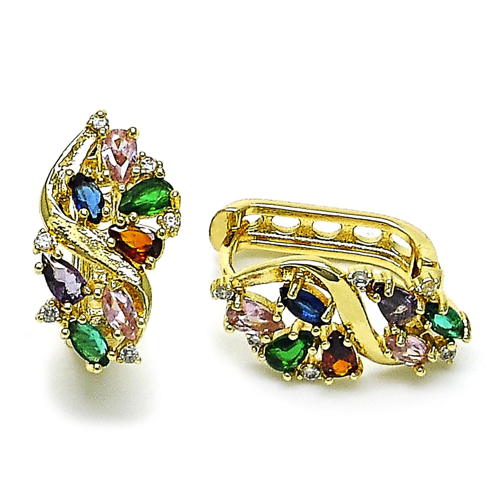 Oro Laminado Huggie Hoop, Gold Filled Style Cluster Design, with Multicolor Cubic Zirconia, Polished, Golden Finish