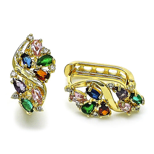 Oro Laminado Huggie Hoop, Gold Filled Style Cluster Design, with Multicolor Cubic Zirconia, Polished, Golden Finish
