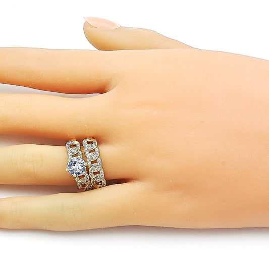 Oro Laminado Wedding Ring, Gold Filled Style Cluster and Miami Cuban Design, with White Cubic Zirconia and White Micro Pave, Polished, Golden Finish