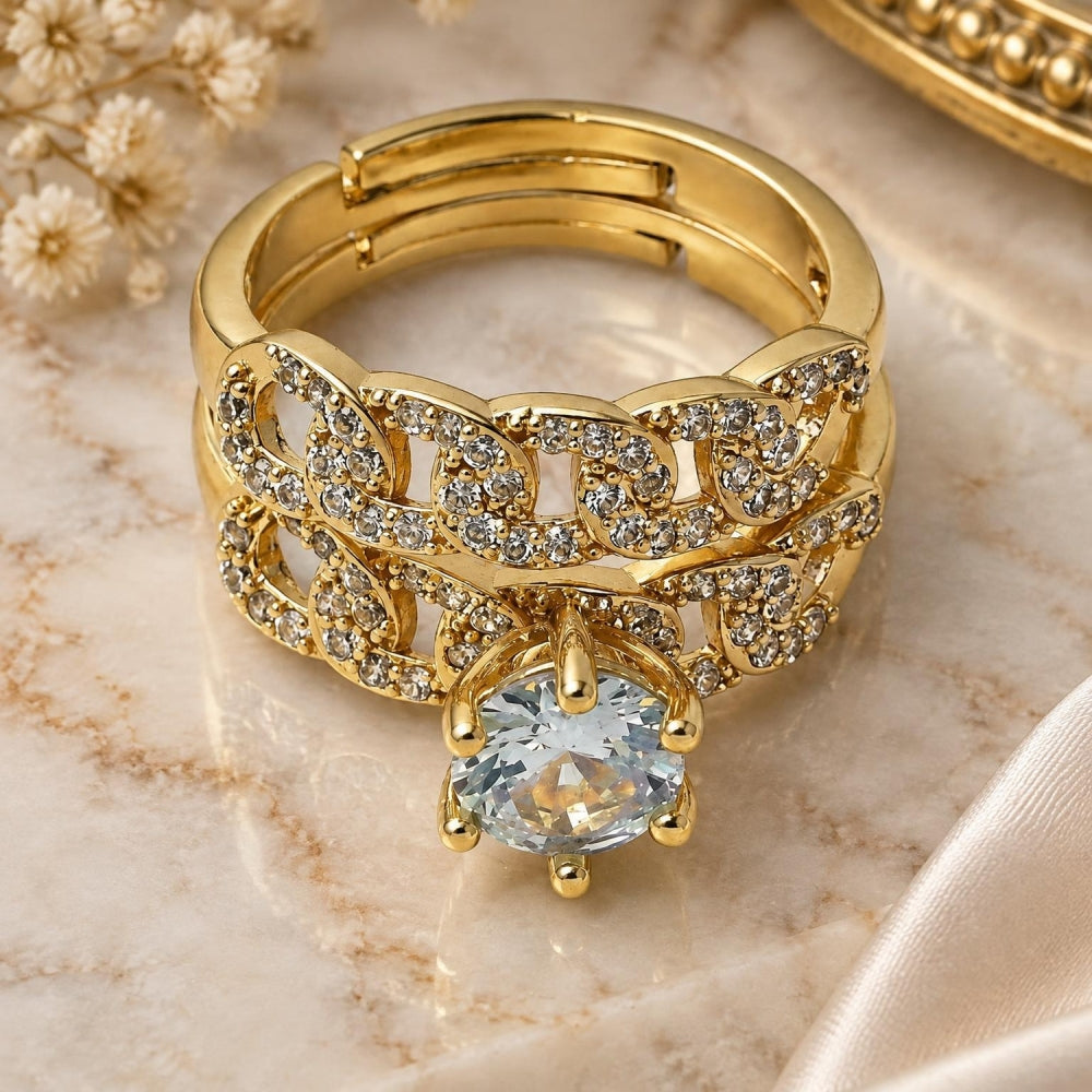 Oro Laminado Wedding Ring, Gold Filled Style Cluster and Miami Cuban Design, with White Cubic Zirconia and White Micro Pave, Polished, Golden Finish
