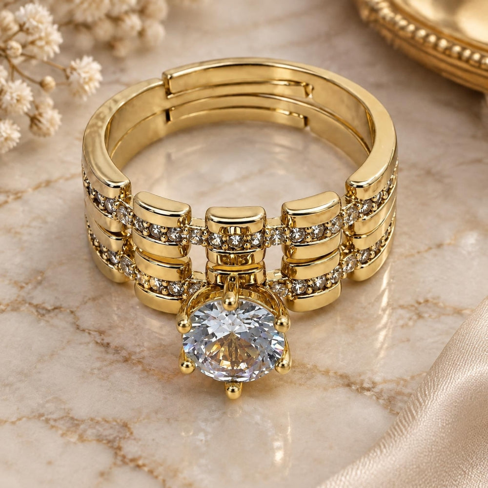 Oro Laminado Wedding Ring, Gold Filled Style Cluster Design, with White Cubic Zirconia and White Micro Pave, Polished, Golden Finish