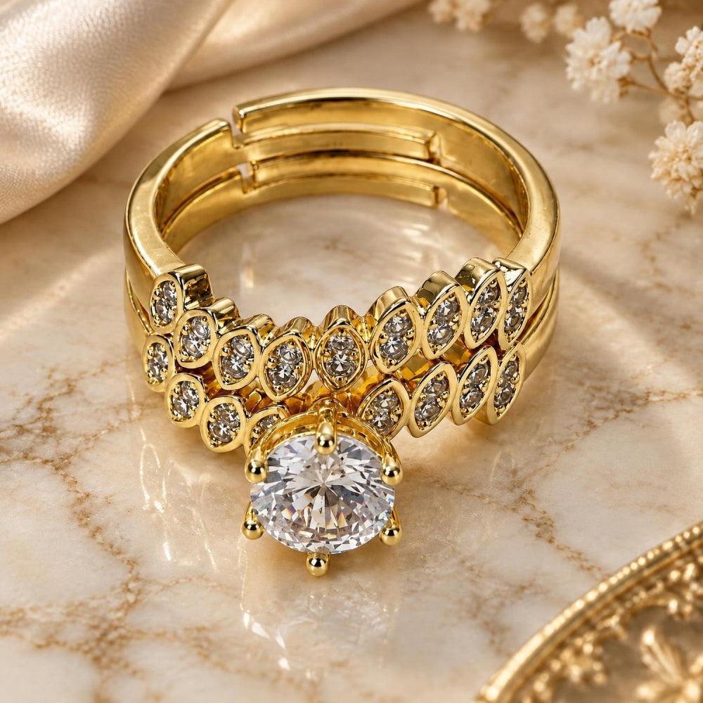 Oro Laminado Wedding Ring, Gold Filled Style Cluster and Leaf Design, with White Cubic Zirconia and White Micro Pave, Polished, Golden Finish