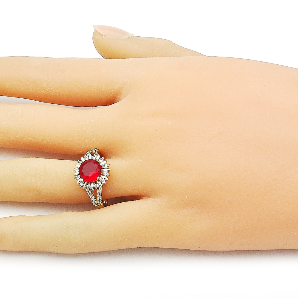 Oro Laminado Multi Stone Ring, Gold Filled Style Cluster and Sun Design, with Garnet and White Cubic Zirconia, Polished, Golden Finish