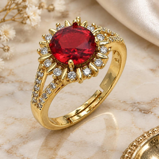 Oro Laminado Multi Stone Ring, Gold Filled Style Cluster and Sun Design, with Garnet and White Cubic Zirconia, Polished, Golden Finish