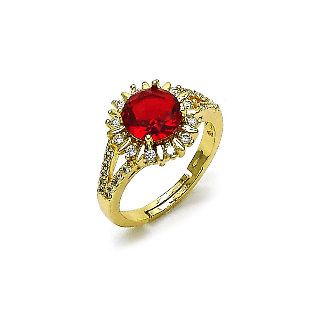 Oro Laminado Multi Stone Ring, Gold Filled Style Cluster and Sun Design, with Garnet and White Cubic Zirconia, Polished, Golden Finish