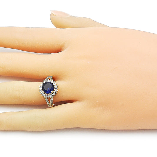 Oro Laminado Multi Stone Ring, Gold Filled Style Cluster and Sun Design, with Sapphire Blue and White Cubic Zirconia, Polished, Golden Finish
