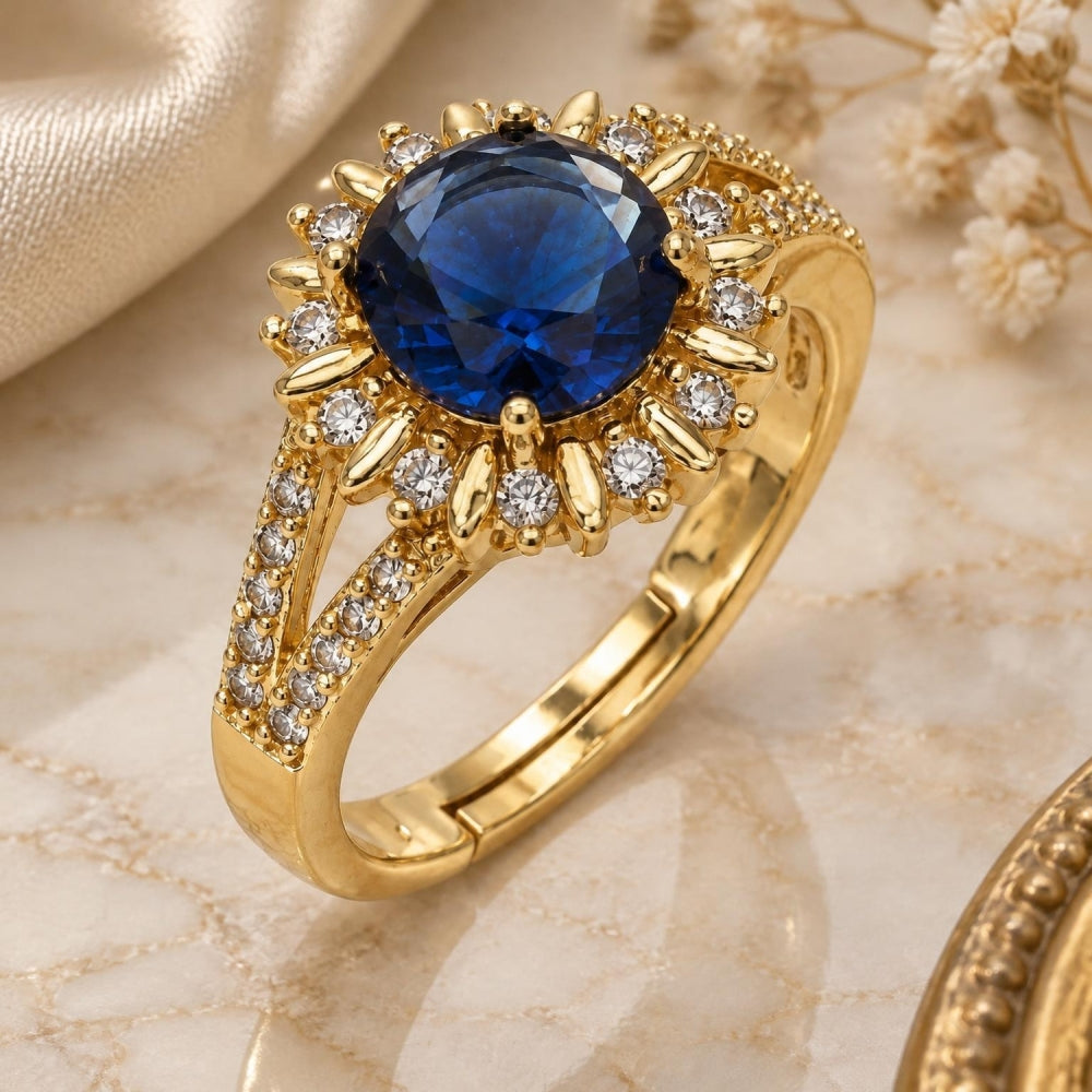Oro Laminado Multi Stone Ring, Gold Filled Style Cluster and Sun Design, with Sapphire Blue and White Cubic Zirconia, Polished, Golden Finish