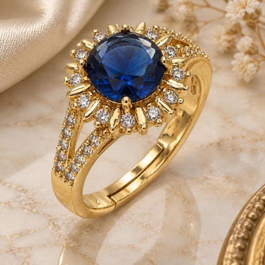 Oro Laminado Multi Stone Ring, Gold Filled Style Cluster and Sun Design, with Sapphire Blue and White Cubic Zirconia, Polished, Golden Finish