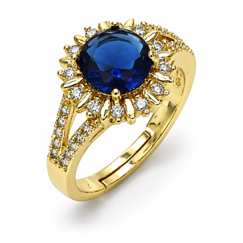 Oro Laminado Multi Stone Ring, Gold Filled Style Cluster and Sun Design, with Sapphire Blue and White Cubic Zirconia, Polished, Golden Finish