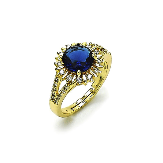 Oro Laminado Multi Stone Ring, Gold Filled Style Cluster and Sun Design, with Sapphire Blue and White Cubic Zirconia, Polished, Golden Finish