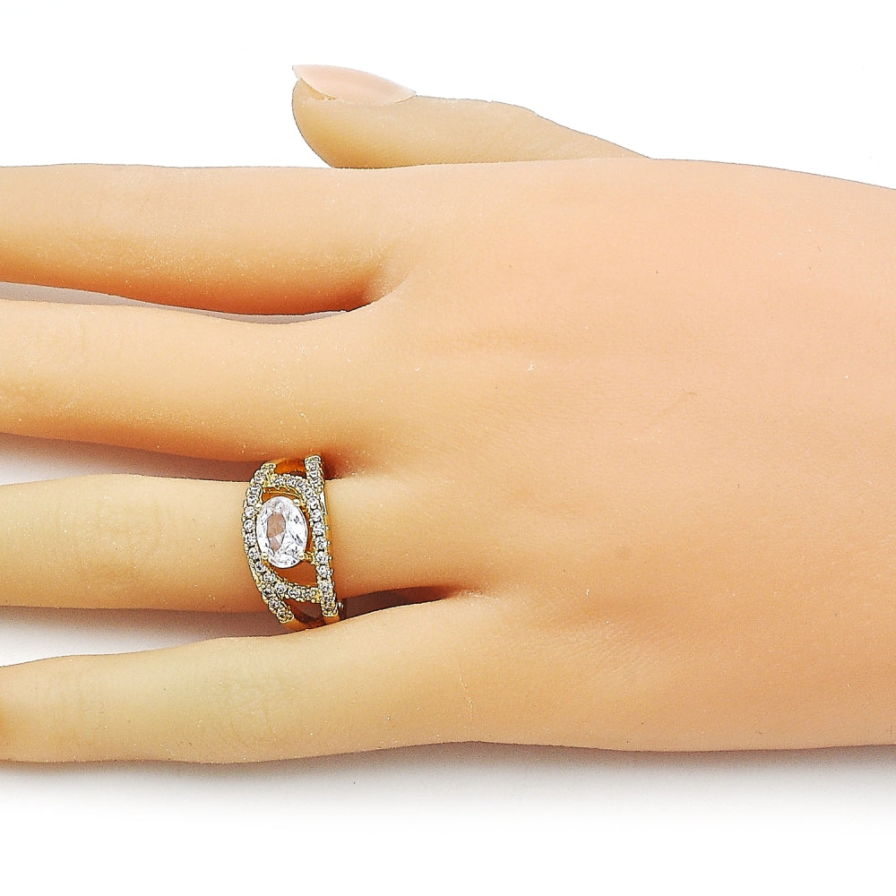 Oro Laminado Multi Stone Ring, Gold Filled Style Evil Eye Design, with White Cubic Zirconia, Polished, Golden Finish