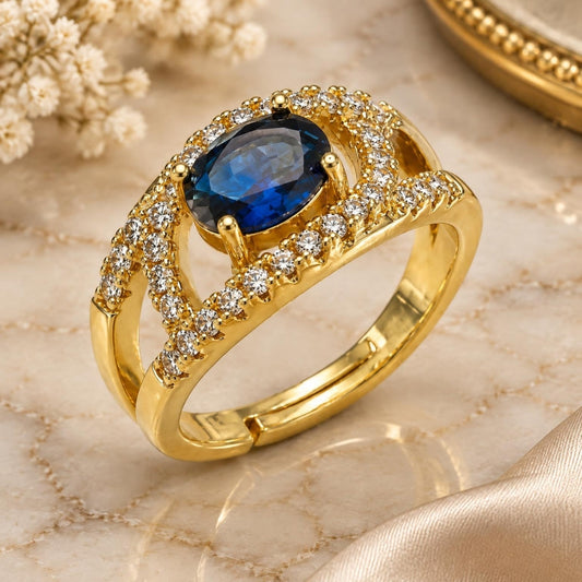 Oro Laminado Multi Stone Ring, Gold Filled Style Evil Eye Design, with Sapphire Blue and White Cubic Zirconia, Polished, Golden Finish