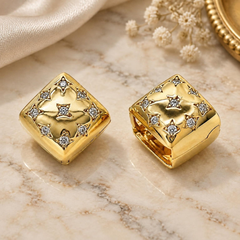 Oro Laminado Huggie Hoop, Gold Filled Style Four-leaf Clover and Star Design, with White Cubic Zirconia, Polished, Golden Finish