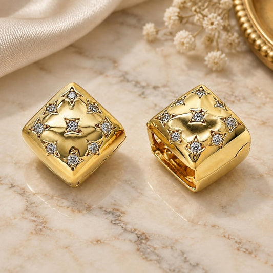 Oro Laminado Huggie Hoop, Gold Filled Style Four-leaf Clover and Star Design, with White Cubic Zirconia, Polished, Golden Finish