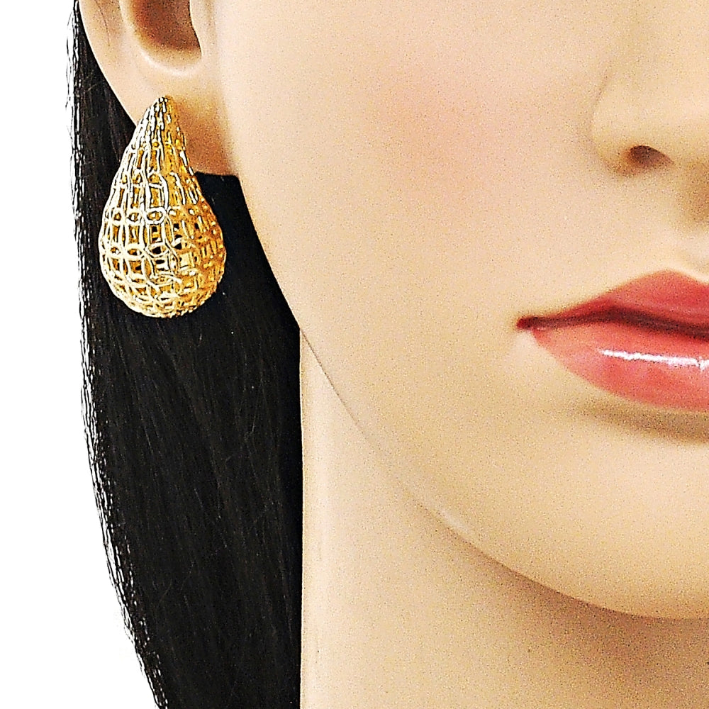 Oro Laminado Stud Earring, Gold Filled Style Teardrop and Hollow Design, Polished, Golden Finish
