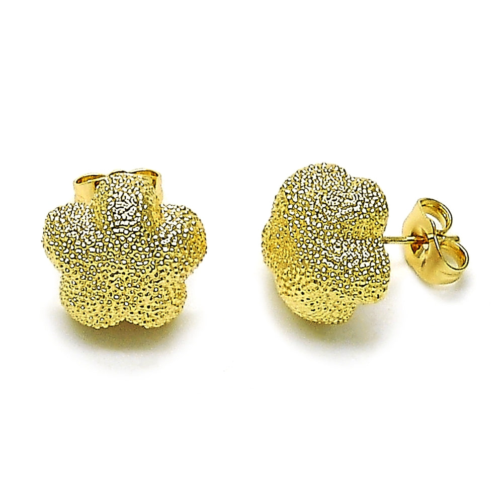 Oro Laminado Stud Earring, Gold Filled Style Flower Design, Matte Finish, Golden Finish