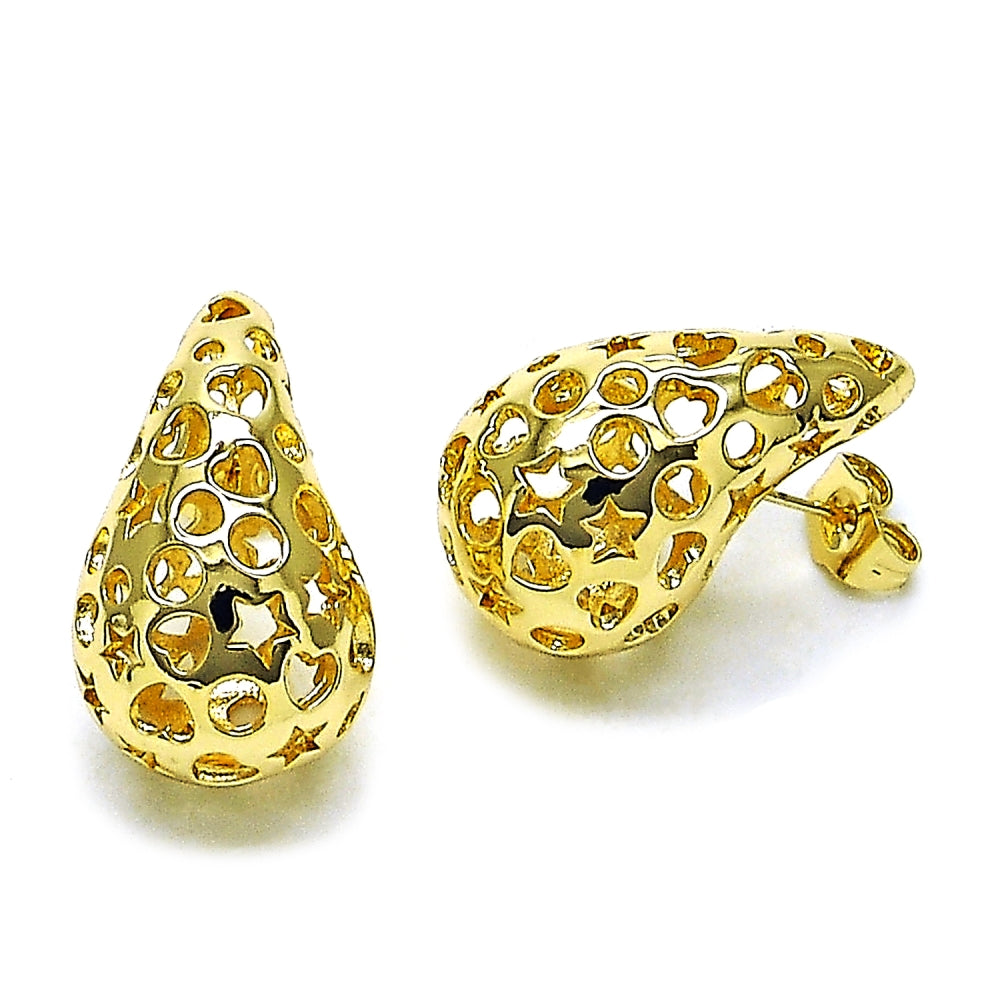 Oro Laminado Stud Earring, Gold Filled Style Teardrop and Heart Design, Polished, Golden Finish