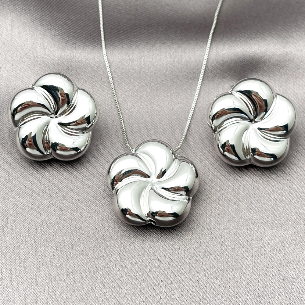 Rhodium Gold Filled Earring and Pendant Adult Set, Flower and Hollow Design, Polished, Rhodium Finish