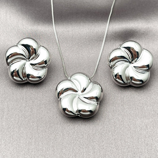 Rhodium Gold Filled Earring and Pendant Adult Set, Flower and Hollow Design, Polished, Rhodium Finish