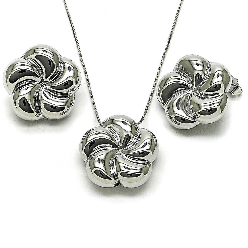 Rhodium Gold Filled Earring and Pendant Adult Set, Flower and Hollow Design, Polished, Rhodium Finish
