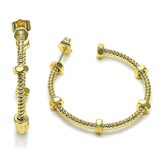 Oro Laminado Medium Hoop, Gold Filled Style Twist Design, Diamond Cutting Finish, Golden Finish