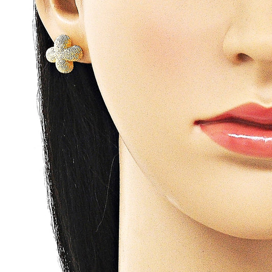 Oro Laminado Stud Earring, Gold Filled Style Flower and Four-leaf Clover Design, Matte Finish, Golden Finish