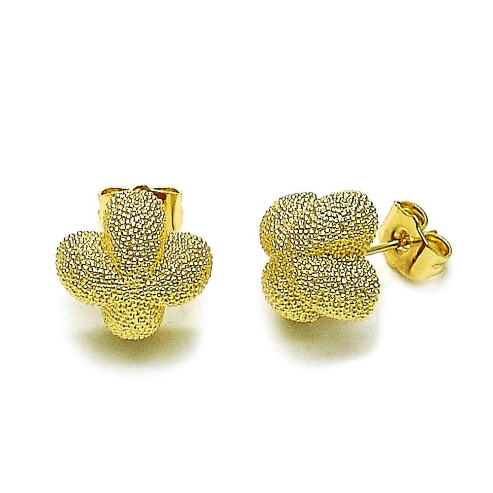 Oro Laminado Stud Earring, Gold Filled Style Flower and Four-leaf Clover Design, Matte Finish, Golden Finish