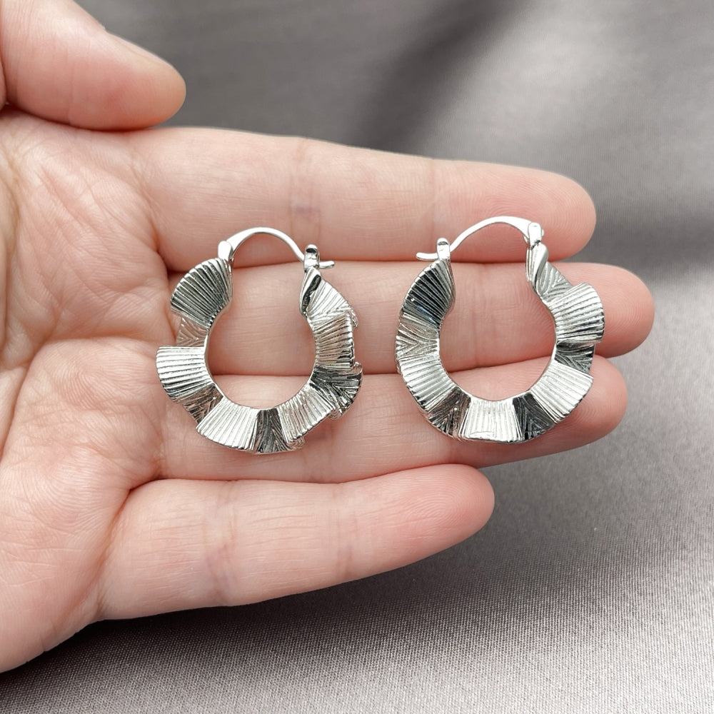 Rhodium Gold Filled Medium Hoop, Twist Design, Diamond Cutting Finish, Rhodium Finish