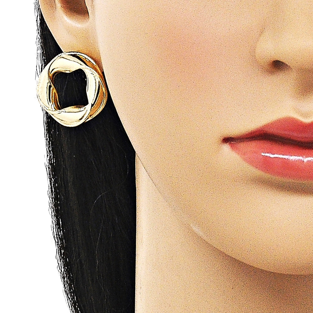 Oro Laminado Stud Earring, Gold Filled Style Twist and Four-leaf Clover Design, Polished, Golden Finish