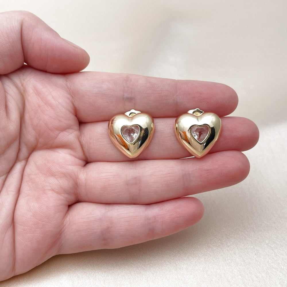 Oro Laminado Stud Earring, Gold Filled Style Heart Design, with White Cubic Zirconia, Polished, Golden Finish