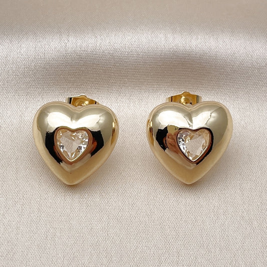 Oro Laminado Stud Earring, Gold Filled Style Heart Design, with White Cubic Zirconia, Polished, Golden Finish