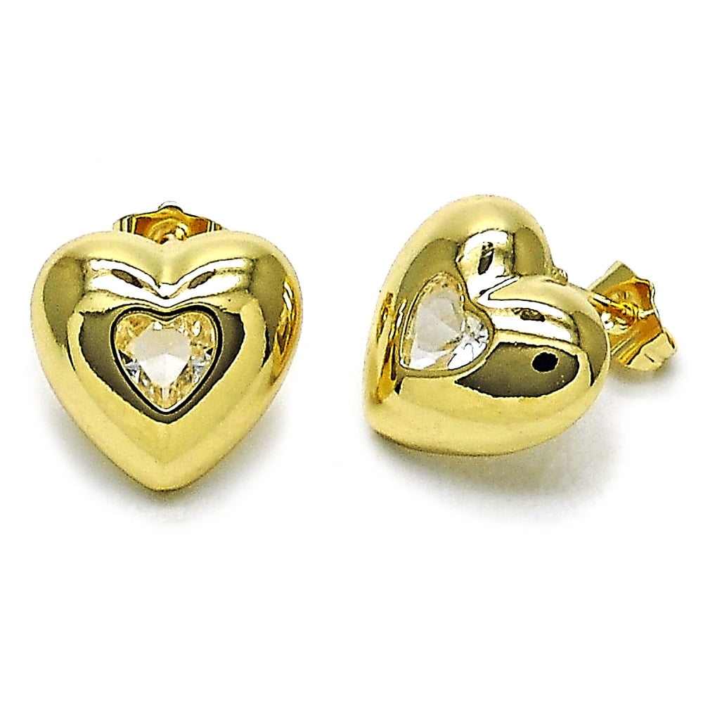 Oro Laminado Stud Earring, Gold Filled Style Heart Design, with White Cubic Zirconia, Polished, Golden Finish