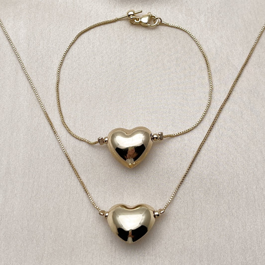 Oro Laminado Necklace and Bracelet, Gold Filled Style Heart and Box Design, Polished, Golden Finish