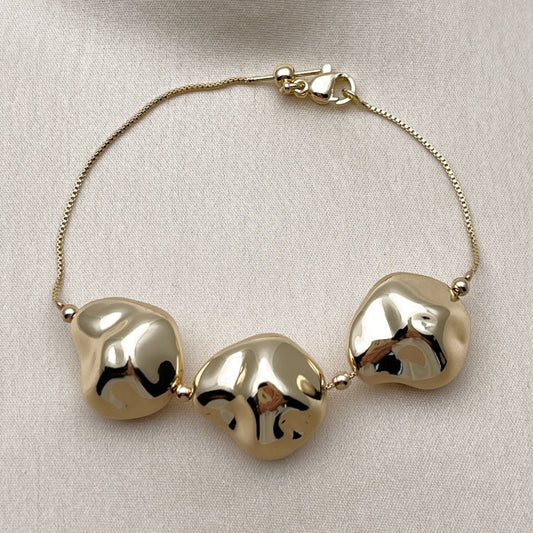 Oro Laminado Fancy Bracelet, Gold Filled Style Box and Ball Design, Polished, Golden Finish