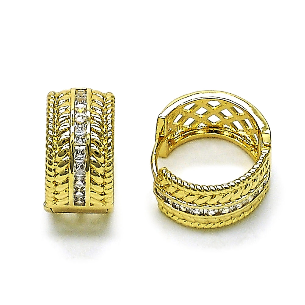 Oro Laminado Huggie Hoop, Gold Filled Style Twist Design, with White Cubic Zirconia, Polished, Golden Finish