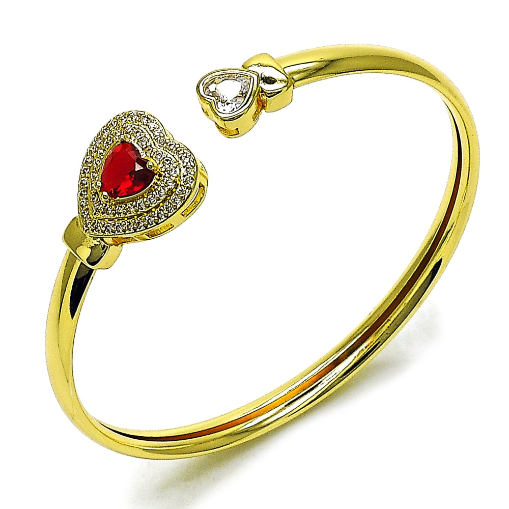 Oro Laminado Individual Bangle, Gold Filled Style Heart and Cluster Design, with Garnet and White Cubic Zirconia, Polished, Golden Finish
