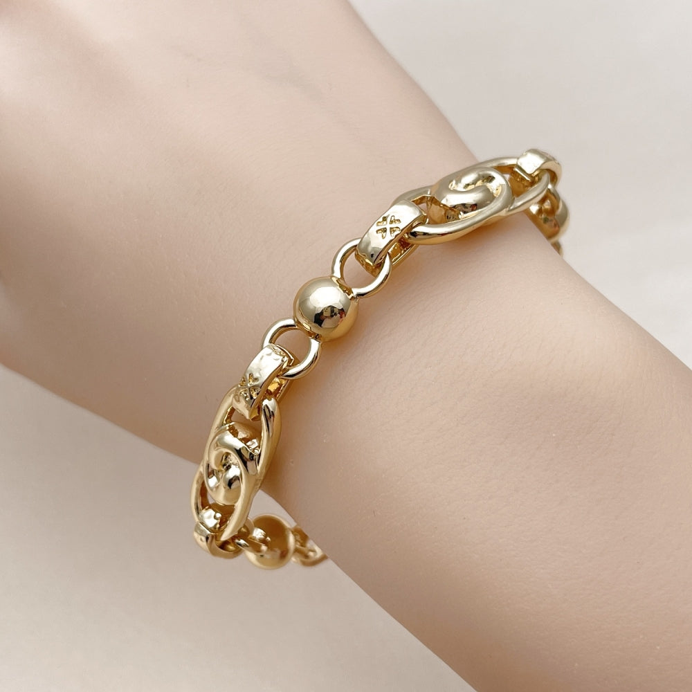 Oro Laminado Fancy Bracelet, Gold Filled Style Ball and Heart Design, Polished, Golden Finish