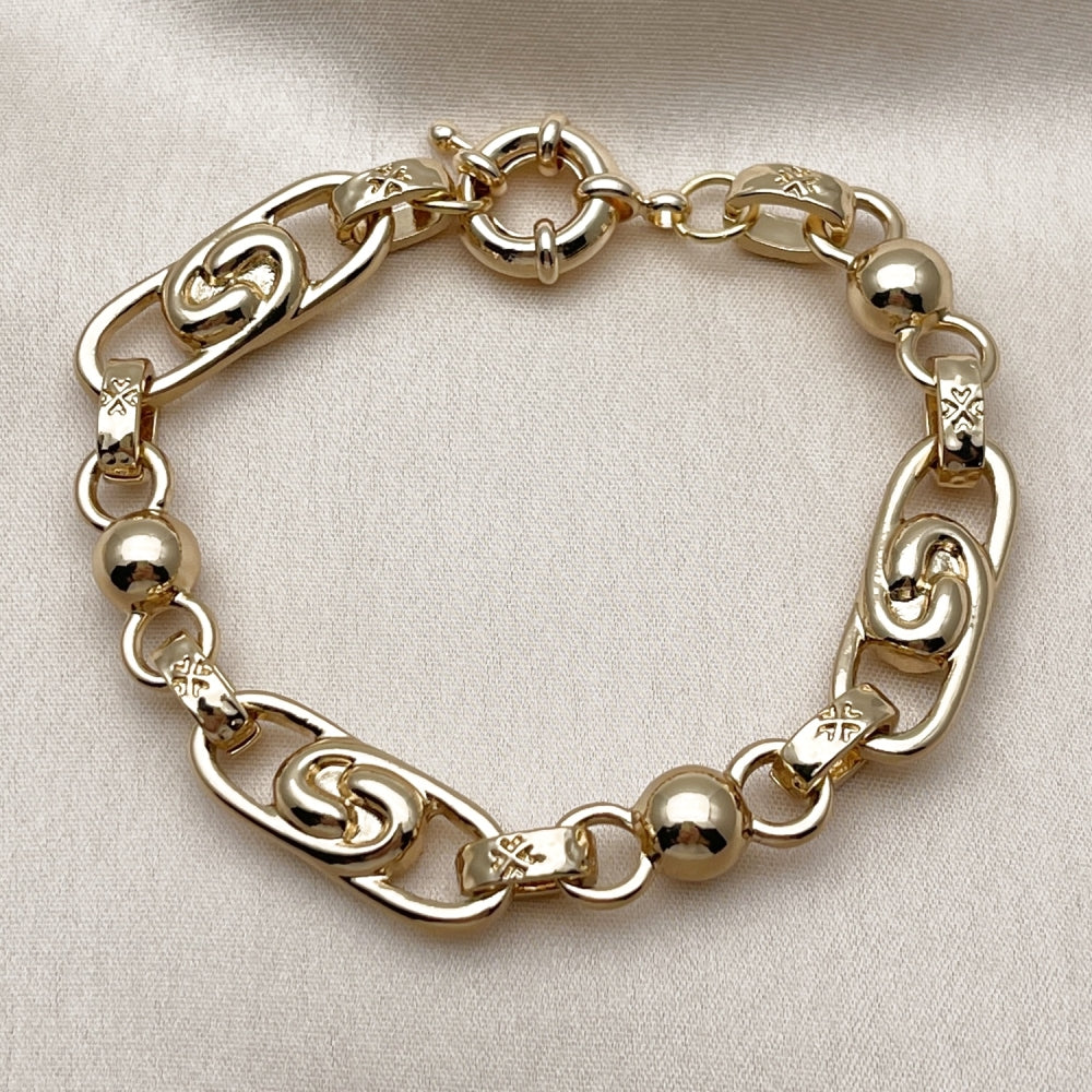 Oro Laminado Fancy Bracelet, Gold Filled Style Ball and Heart Design, Polished, Golden Finish