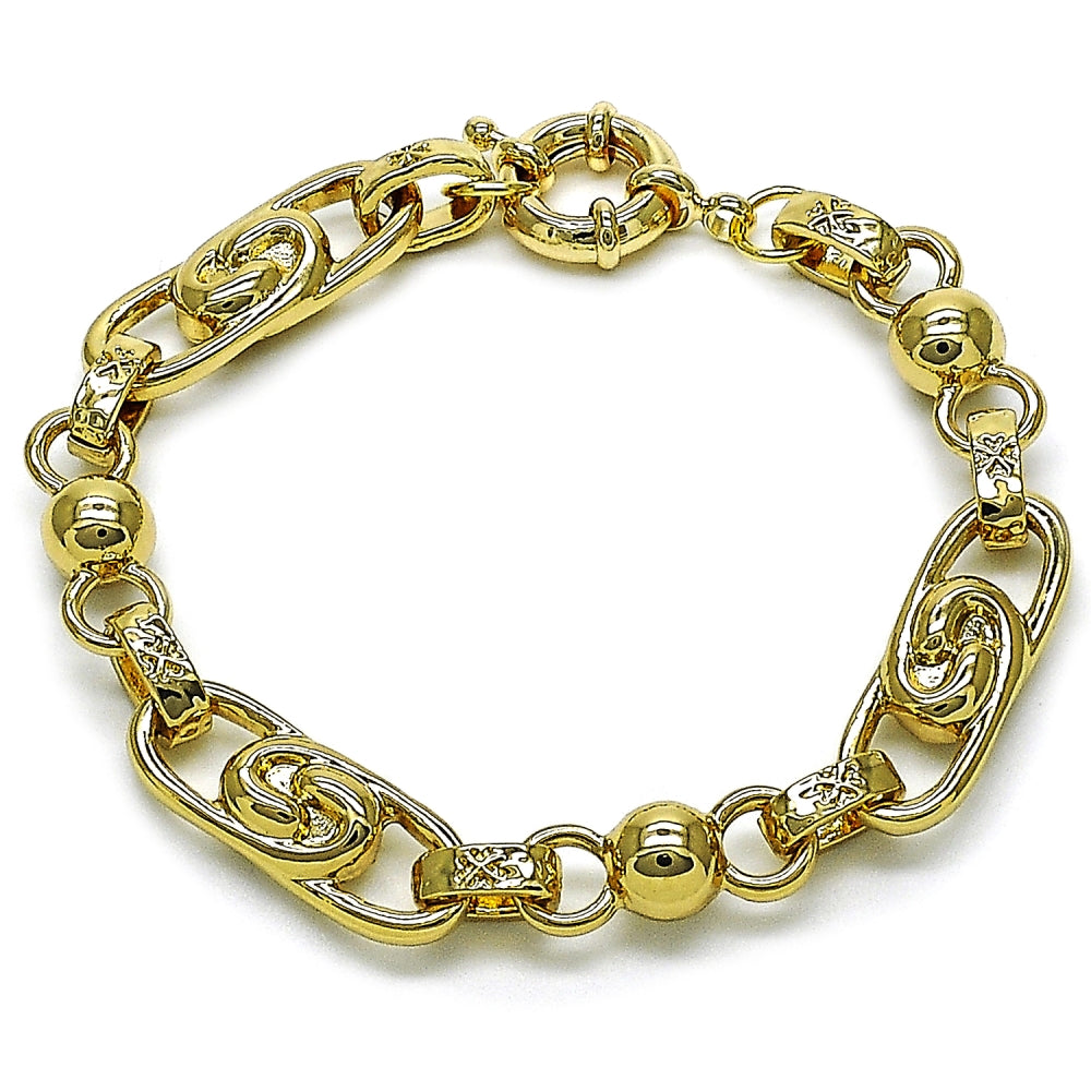 Oro Laminado Fancy Bracelet, Gold Filled Style Ball and Heart Design, Polished, Golden Finish