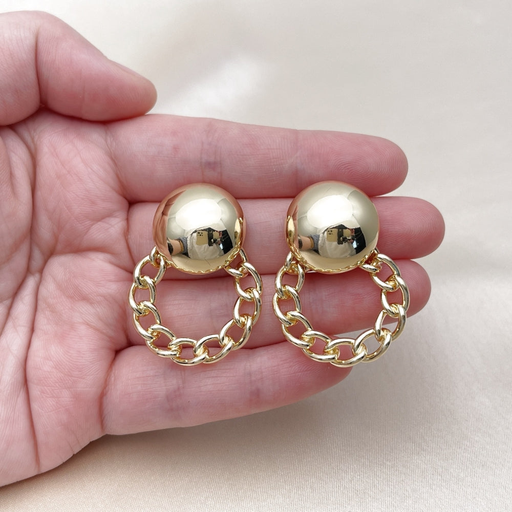 Oro Laminado Stud Earring, Gold Filled Style Ball and Miami Cuban Design, Polished, Golden Finish