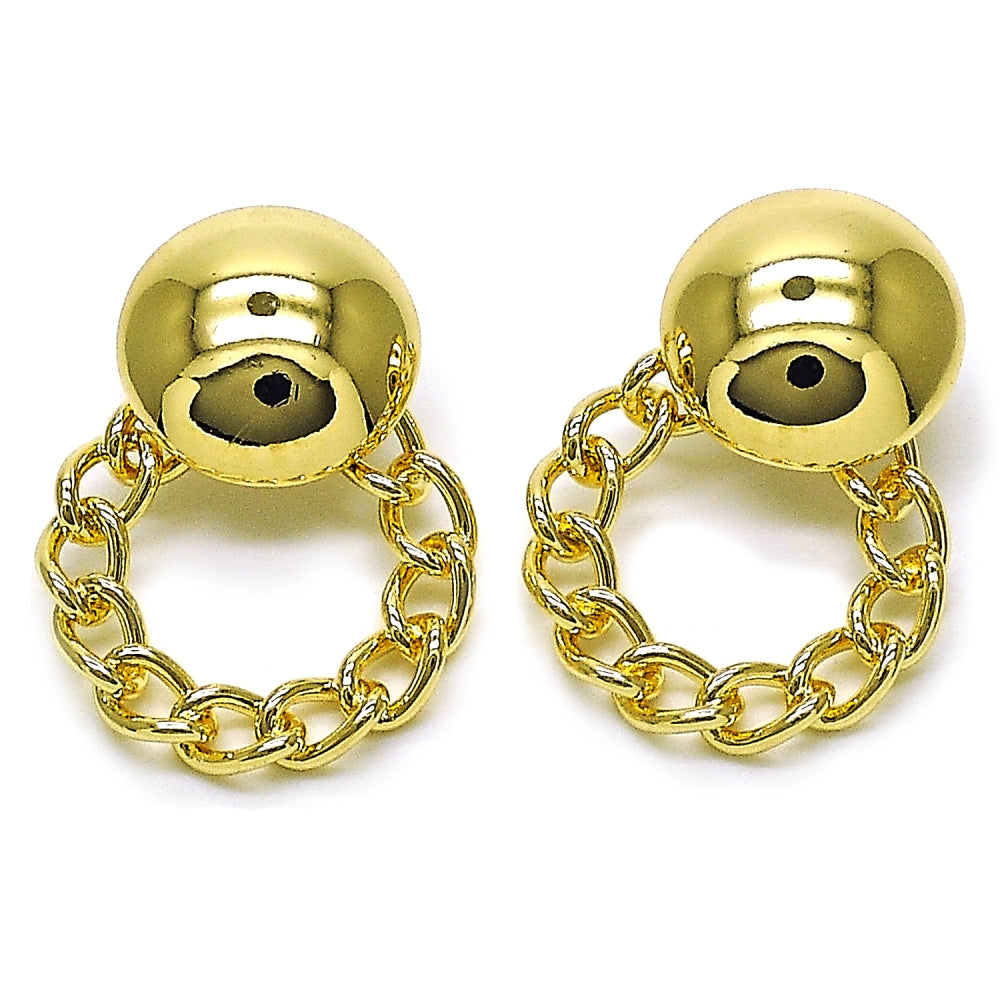 Oro Laminado Stud Earring, Gold Filled Style Ball and Miami Cuban Design, Polished, Golden Finish