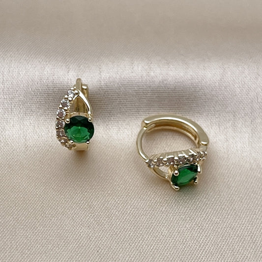 Oro Laminado Huggie Hoop, Gold Filled Style Evil Eye Design, with Green and White Cubic Zirconia, Polished, Golden Finish