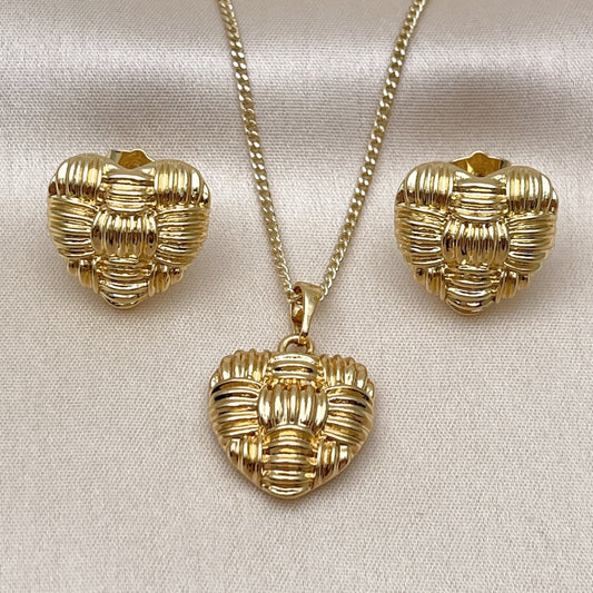 Oro Laminado Earring and Pendant Adult Set, Gold Filled Style Heart Design, Polished, Golden Finish