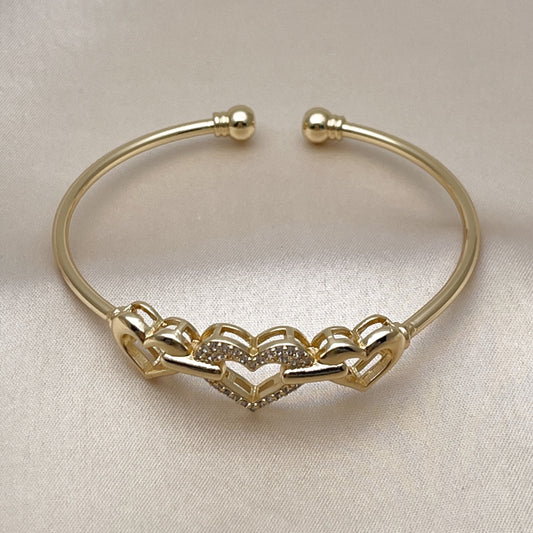 Oro Laminado Individual Bangle, Gold Filled Style Heart Design, with White Micro Pave, Polished, Golden Finish